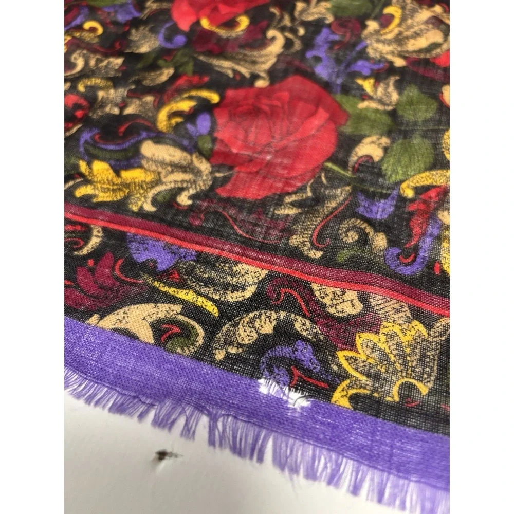 Vtg Oscar De La Renta Scarf Baroque Floral Print Roses Purple Red 29